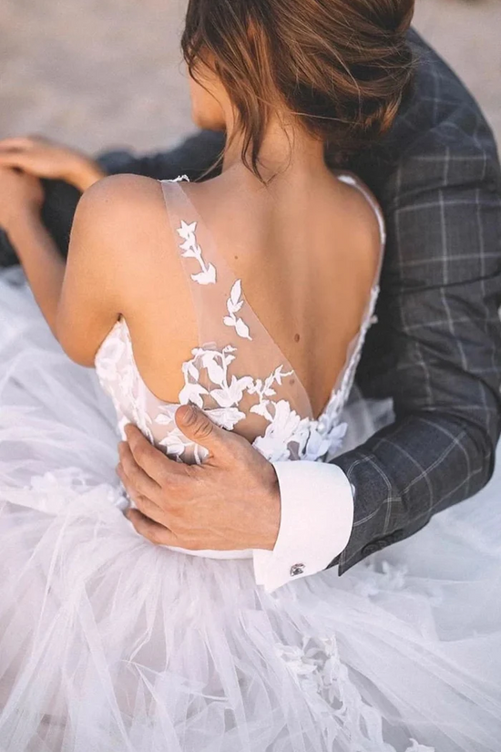 Sexy Tulle A-Line Sheer V-Neck Lace Appliques Beach Wedding Dress Movousdress Sexy Tulle A-Line Sheer V-Neck Lace Appliques Beach Wedding Dress Movousdress