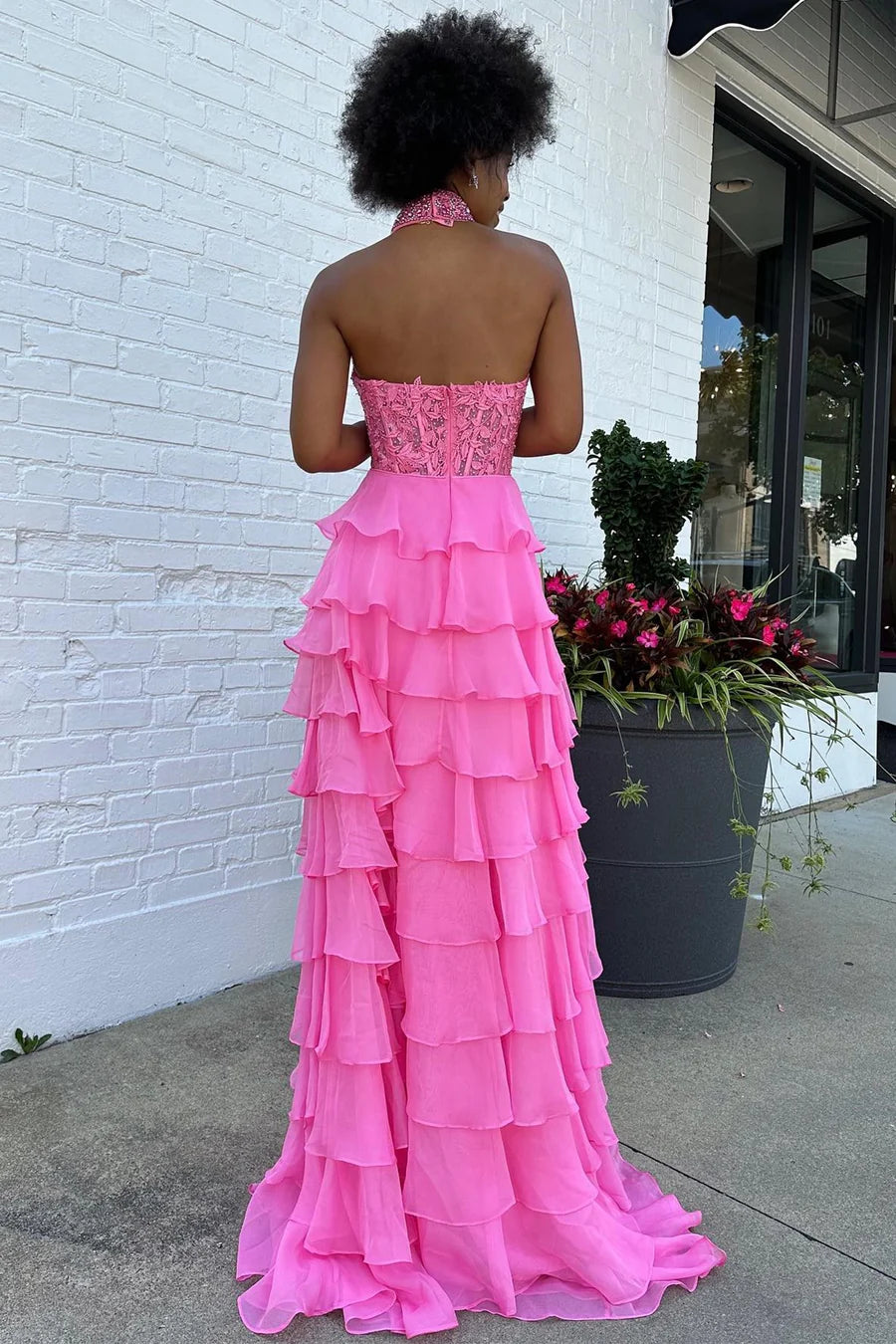 Sexy Two Tone High Neck Tiered Lace Appliques  Prom Dress