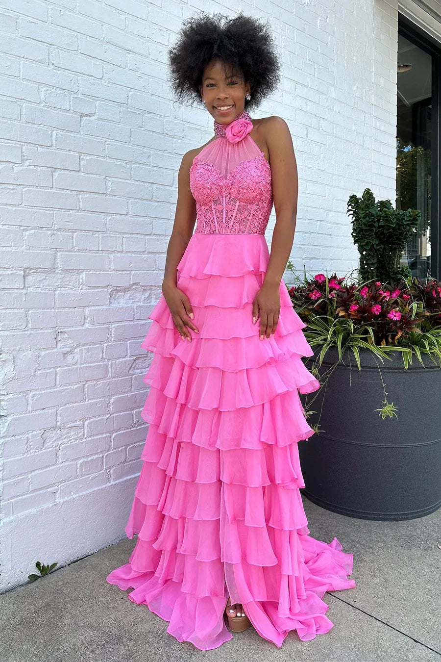 Sexy Two Tone High Neck Tiered Lace Appliques  Prom Dress