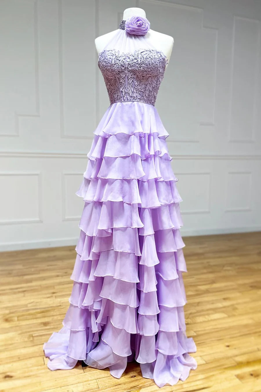 Sexy Two Tone High Neck Tiered Lace Appliques  Prom Dress