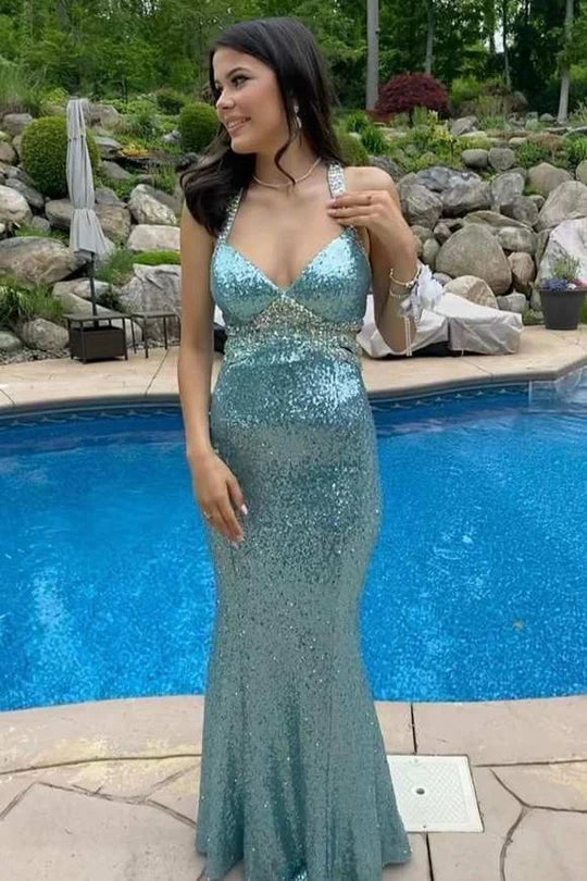 Sexy V-Neck Sleeveless Empire Sequins Long Party Prom Dress