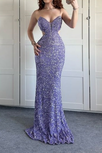 Sexy V-Neck Spaghetti Straps Fully Sequins Party Prom Dress