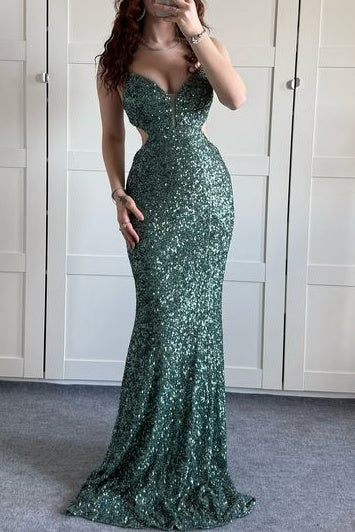 Sexy V-Neck Spaghetti Straps Fully Sequins Party Prom Dress