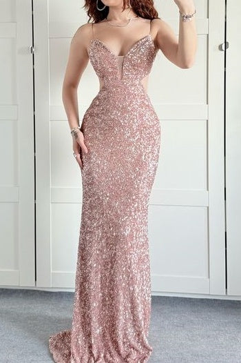 Sexy V-Neck Spaghetti Straps Fully Sequins Party Prom Dress