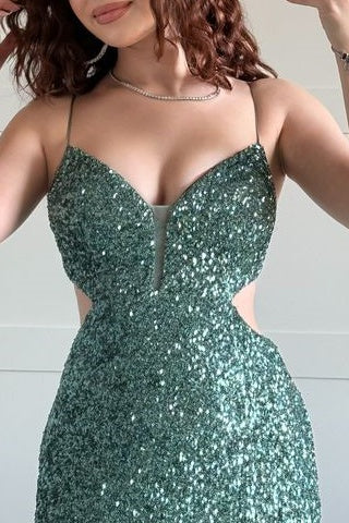 Sexy V-Neck Spaghetti Straps Fully Sequins Party Prom Dress