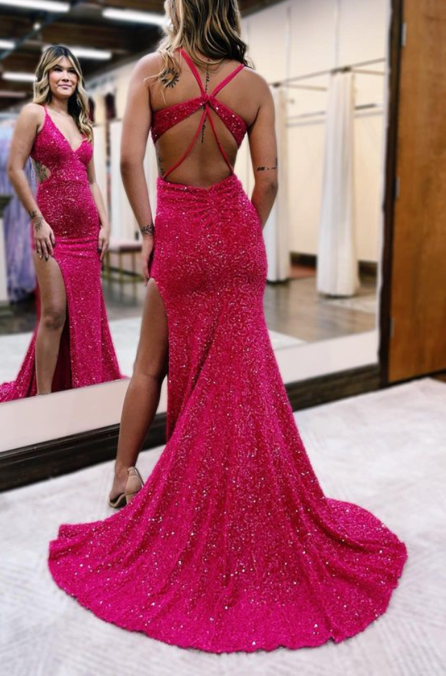 Sexy V-Neck Trumpet With Side Slit Glitter Prom Dress