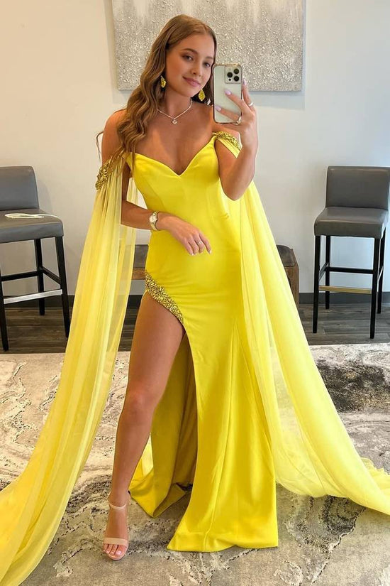 Sheath Off-Shoulder Beaded With Slit Party Prom Dress