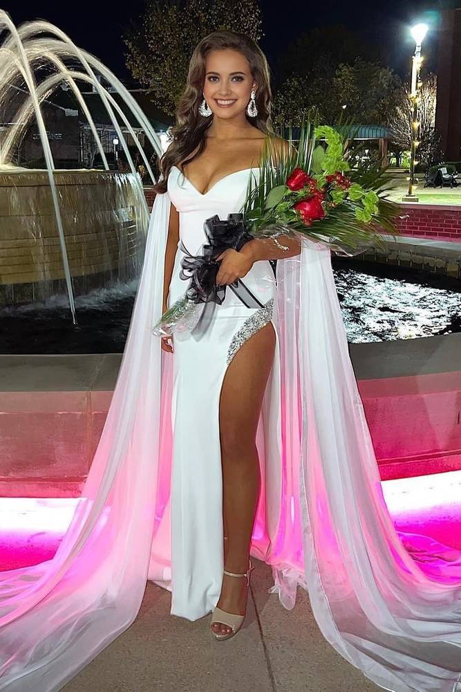 Sheath Off-Shoulder Beaded With Slit Party Prom Dress