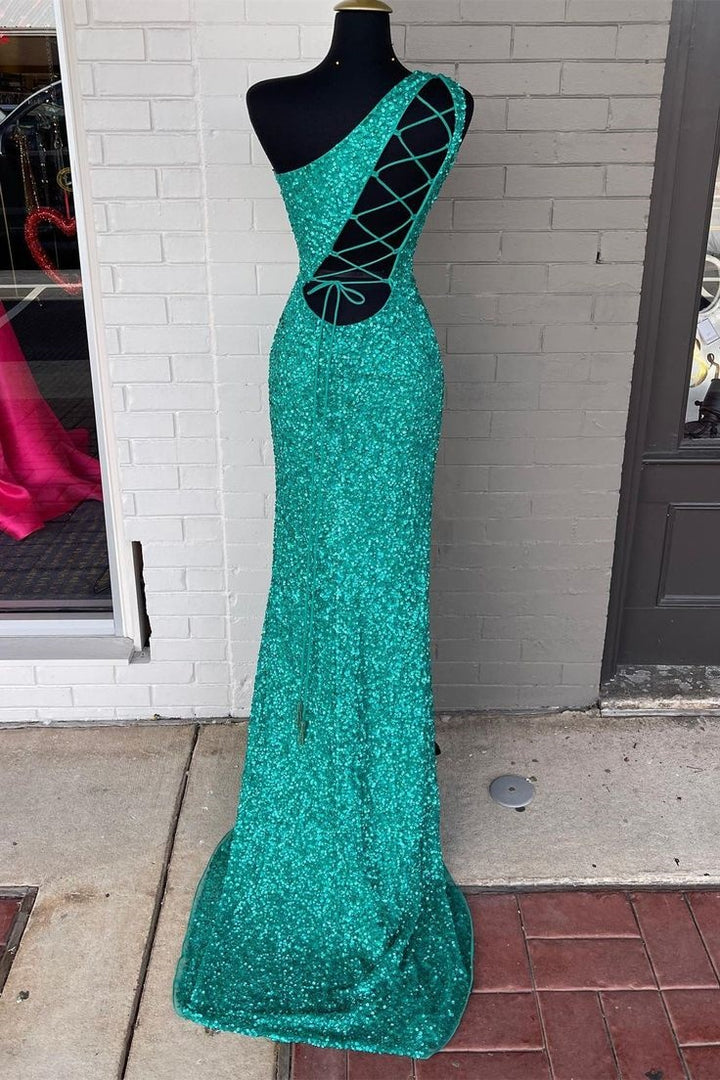 Sheath One Shoulder Sleeveless Sequins Prom Dress With Train