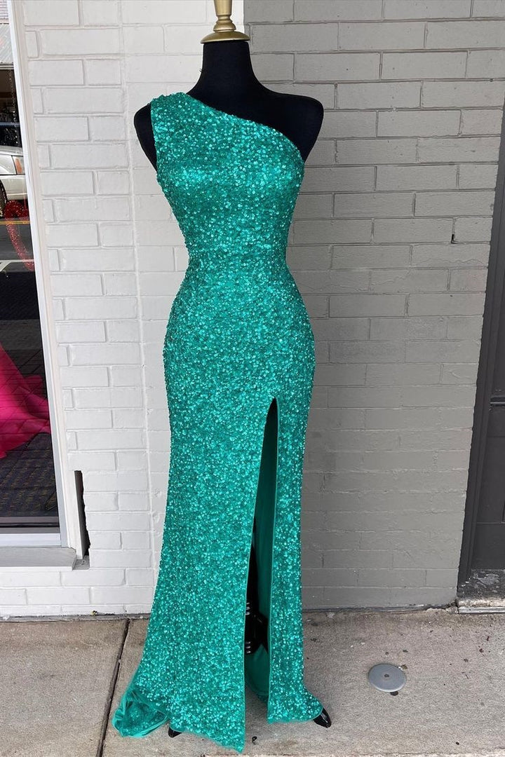 Sheath One Shoulder Sleeveless Sequins Prom Dress With Train