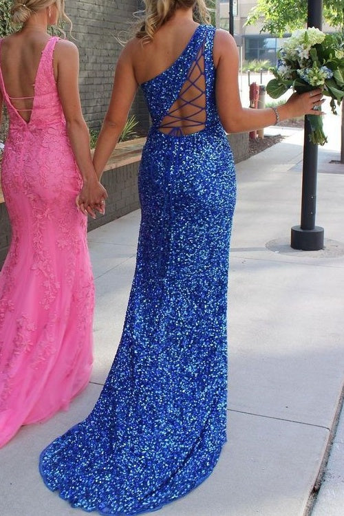 Sheath One Shoulder Sleeveless Sequins Prom Dress With Train