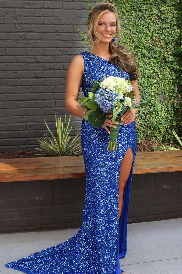 Sheath One Shoulder Sleeveless Sequins Prom Dress With Train