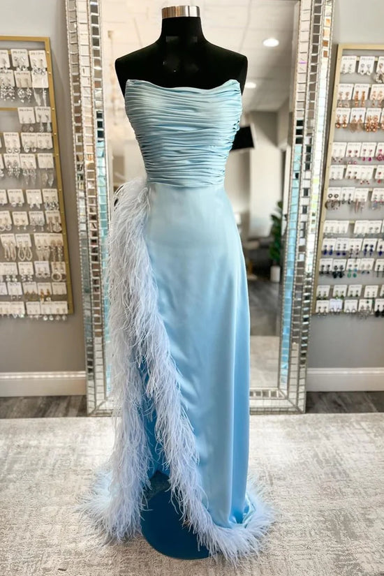 Sheath Strapless Empire With High Slit Feathers Prom Dress