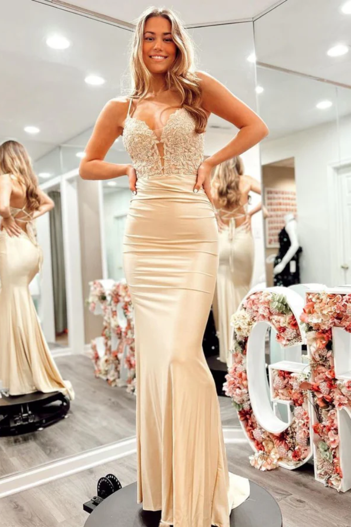 Sheath V-Neck Spaghetti Straps Appliques Long Prom Dress