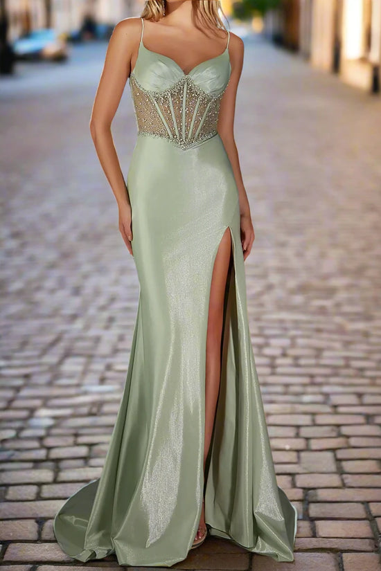 Sheer Empire Beaded Spaghetti Straps Mermaid Prom Dress