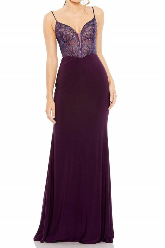 Sheer Empire V-Neck Spaghetti Straps Beaded Prom Dress