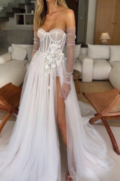 Sheer Tulle A-Line Sweetheart Beach Wedding Dress