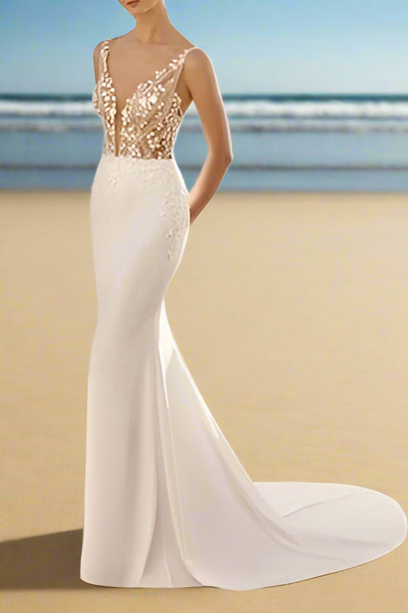 Sheer V-Neck Sleeveless Backless Appliques Mermaid Wedding Dress