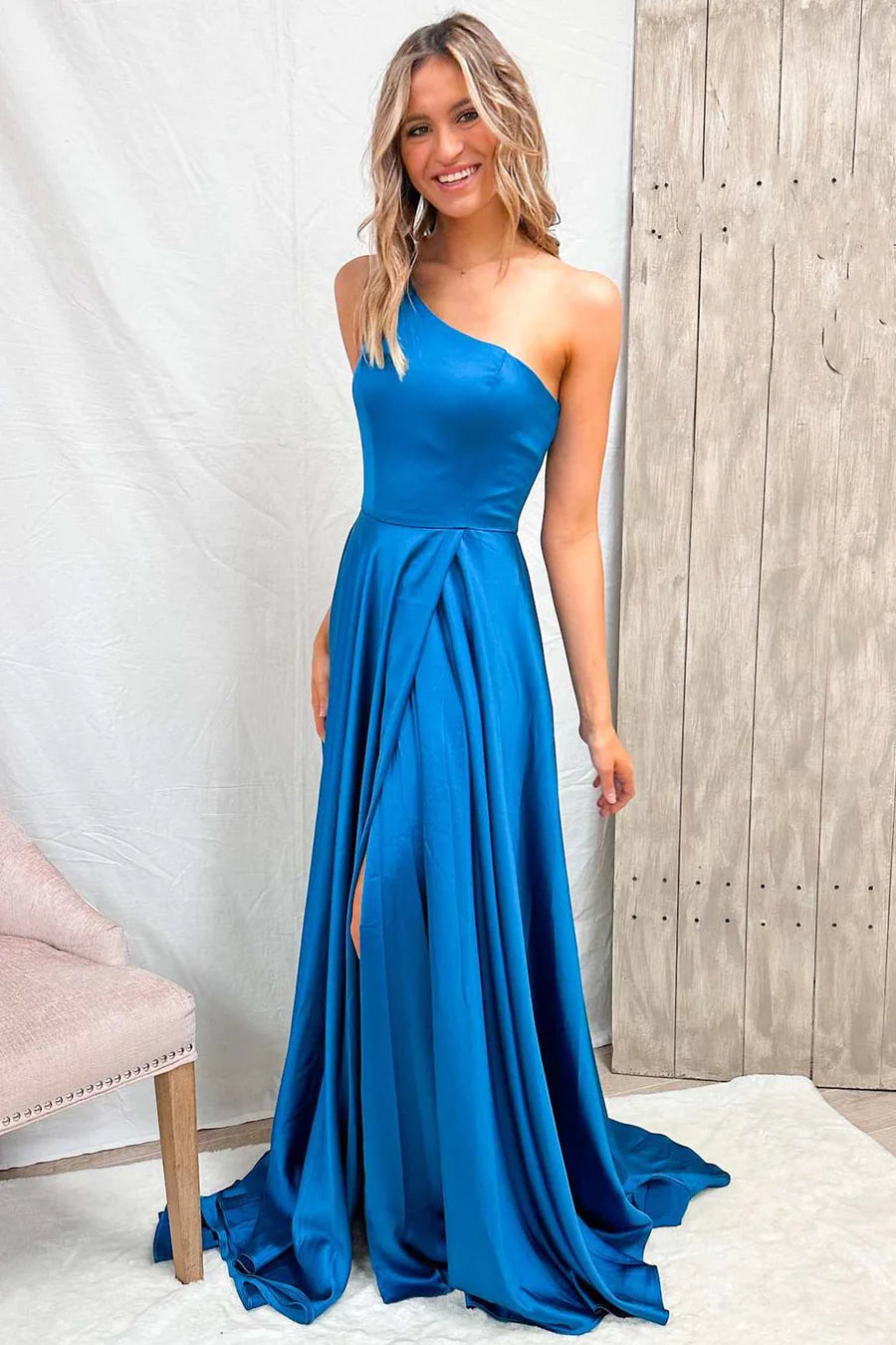 Simple Satin A-Line One Shoulder With Side Slit Prom Dress