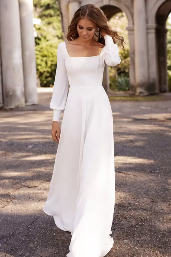 Simple Satin A-Line Square Empire Long Sleeves Wedding Dress Movousdress Simple Satin A-Line Square Empire Long Sleeves Wedding Dress Movousdress