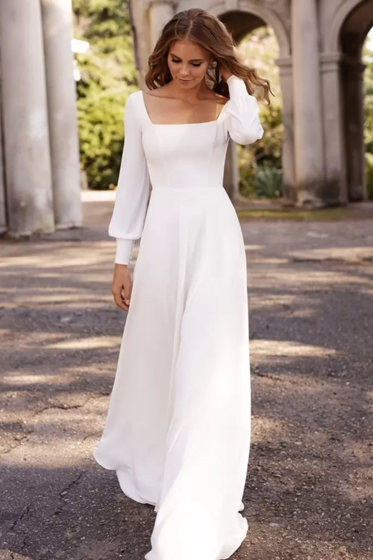 Simple Satin A-Line Square Empire Long Sleeves Wedding Dress