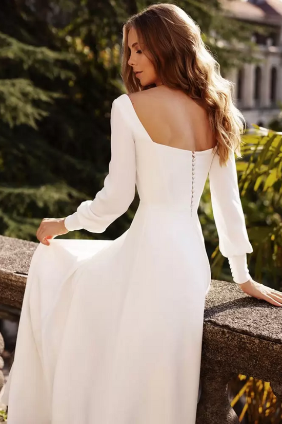 Simple Satin A-Line Square Empire Long Sleeves Wedding Dress