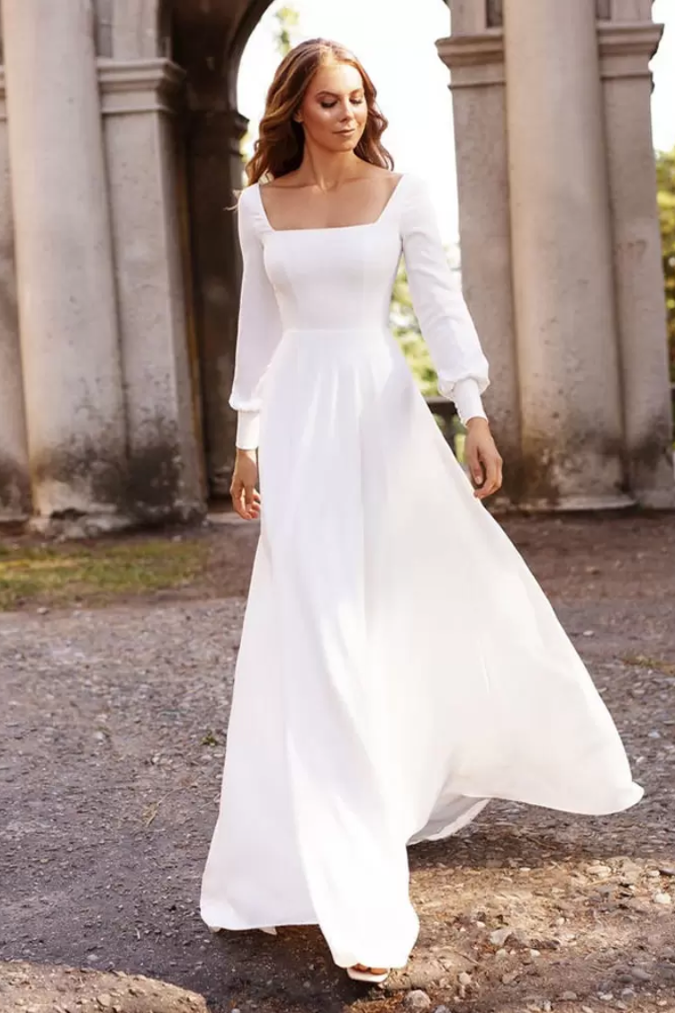 Simple Satin A-Line Square Empire Long Sleeves Wedding Dress – Movousdress
