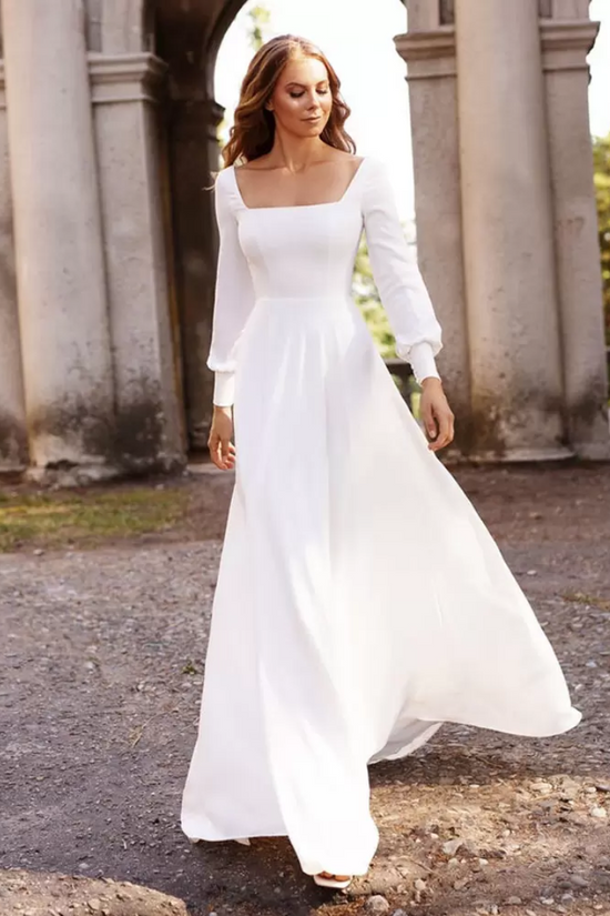 Simple Satin A-Line Square Empire Long Sleeves Wedding Dress