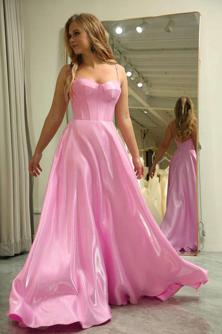 Simple Satin A-Line Sweetheart Spaghetti Straps Long Prom Dress