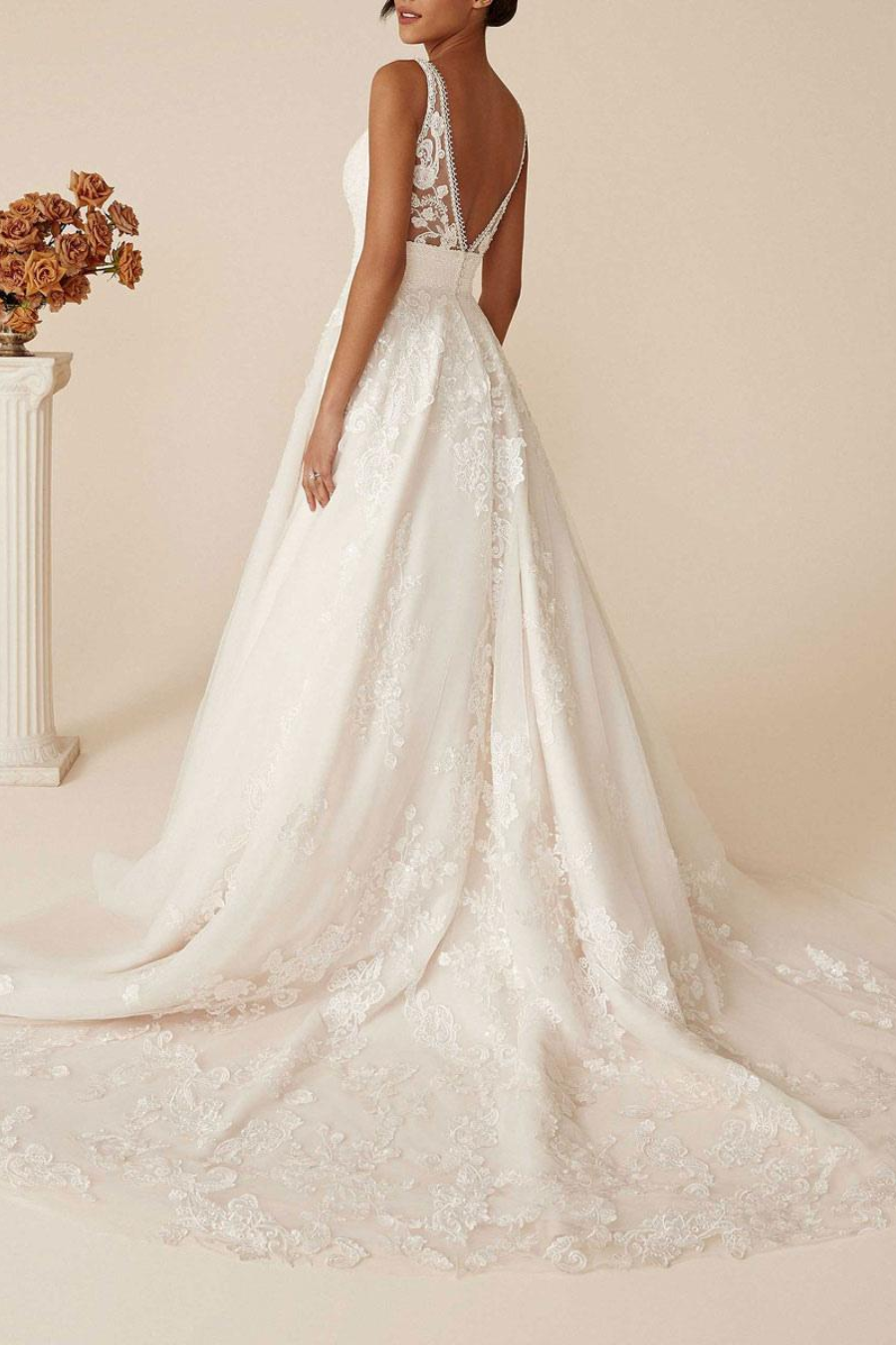 Simple Satin A-Line V-Neck Lace Appliques With Train Wedding Dress