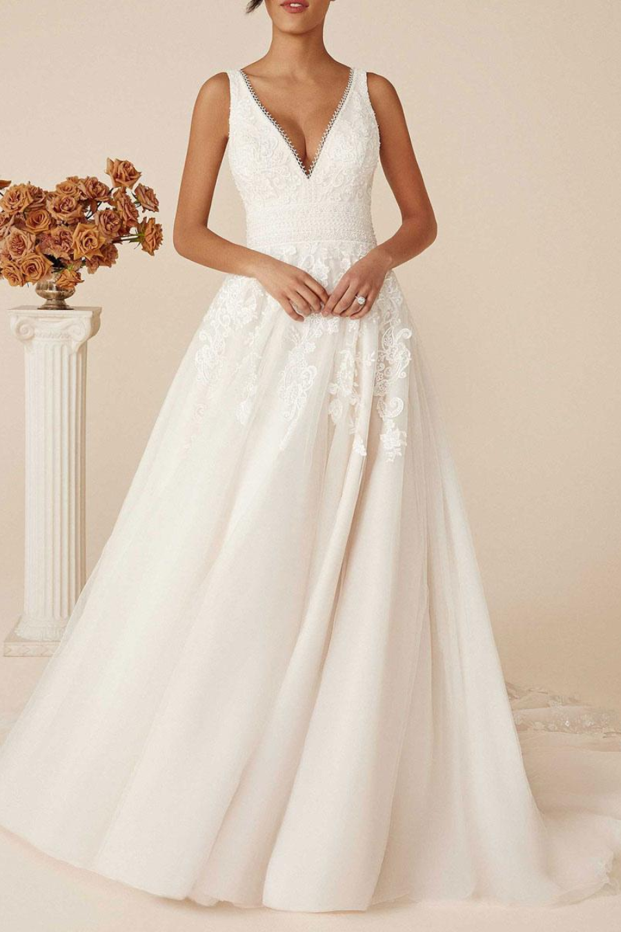 Simple Satin A-Line V-Neck Lace Appliques With Train Wedding Dress