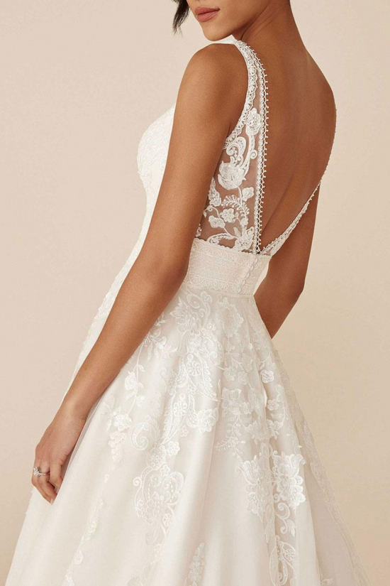 Simple Satin A-Line V-Neck Lace Appliques With Train Wedding Dress