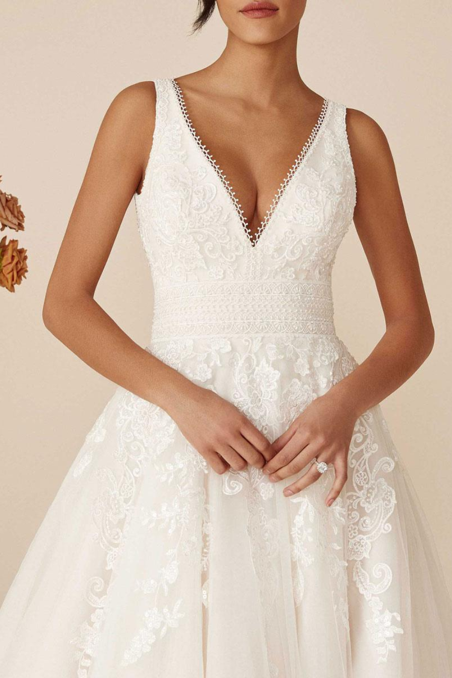 Simple Satin A-Line V-Neck Lace Appliques With Train Wedding Dress