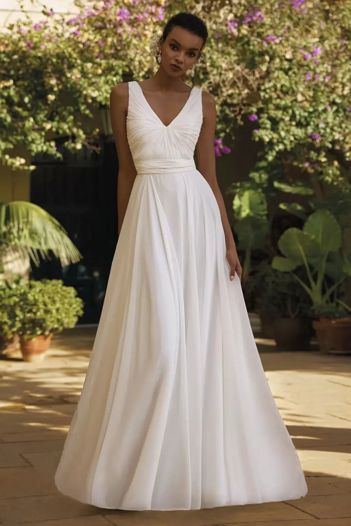 Simple Satin A-Line V-Neck Sleeveless Ruched Wedding Dress