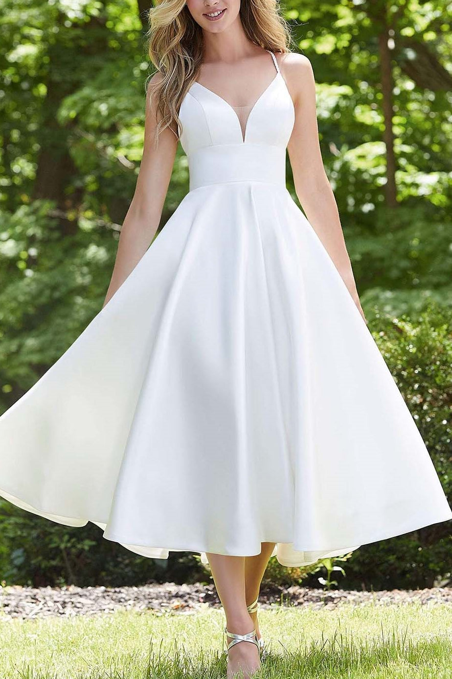 Simple Satin A-Line V-Neck Spaghetti Straps Summer Wedding Dress