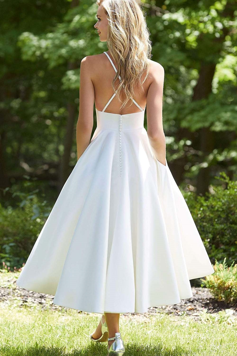 Simple Satin A-Line V-Neck Spaghetti Straps Summer Wedding Dress