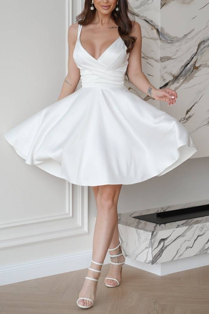 Simple Satin A-Line V-Neck Spaghetti Straps Summer Wedding Dress