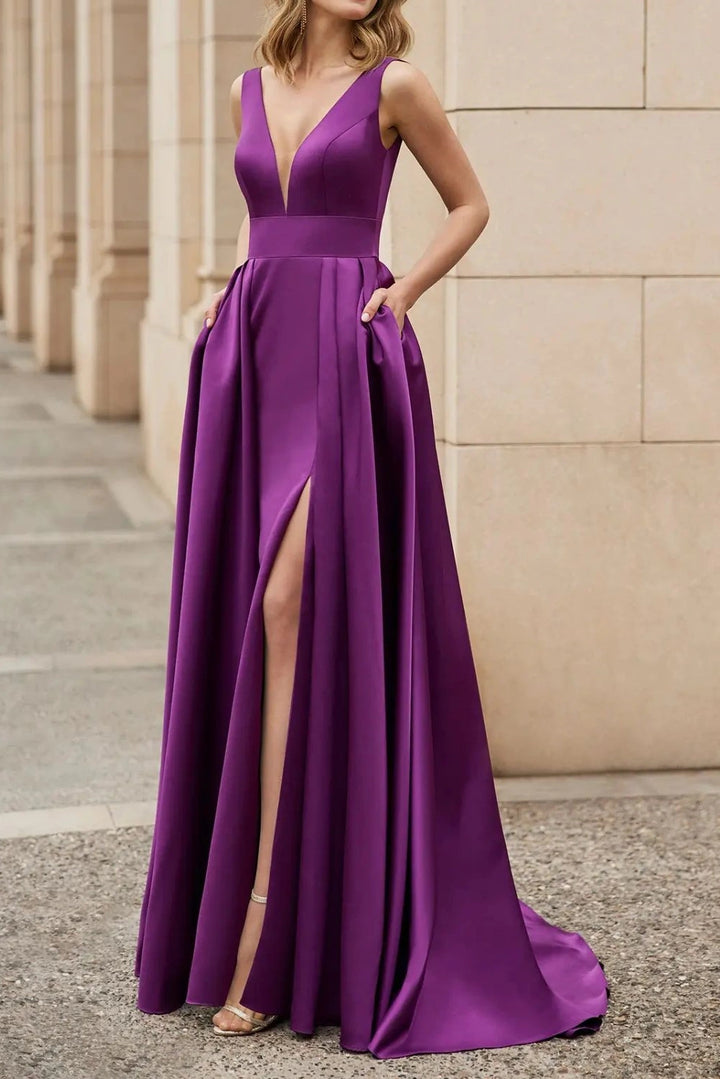 Simple Satin A-Line V-Neck With Side Slit Mother Of Brides Dress