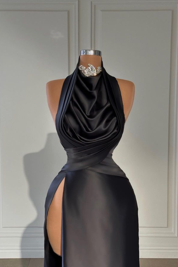 Simple Satin Fitted High Neck Sleeveless Empire Long Prom Dress