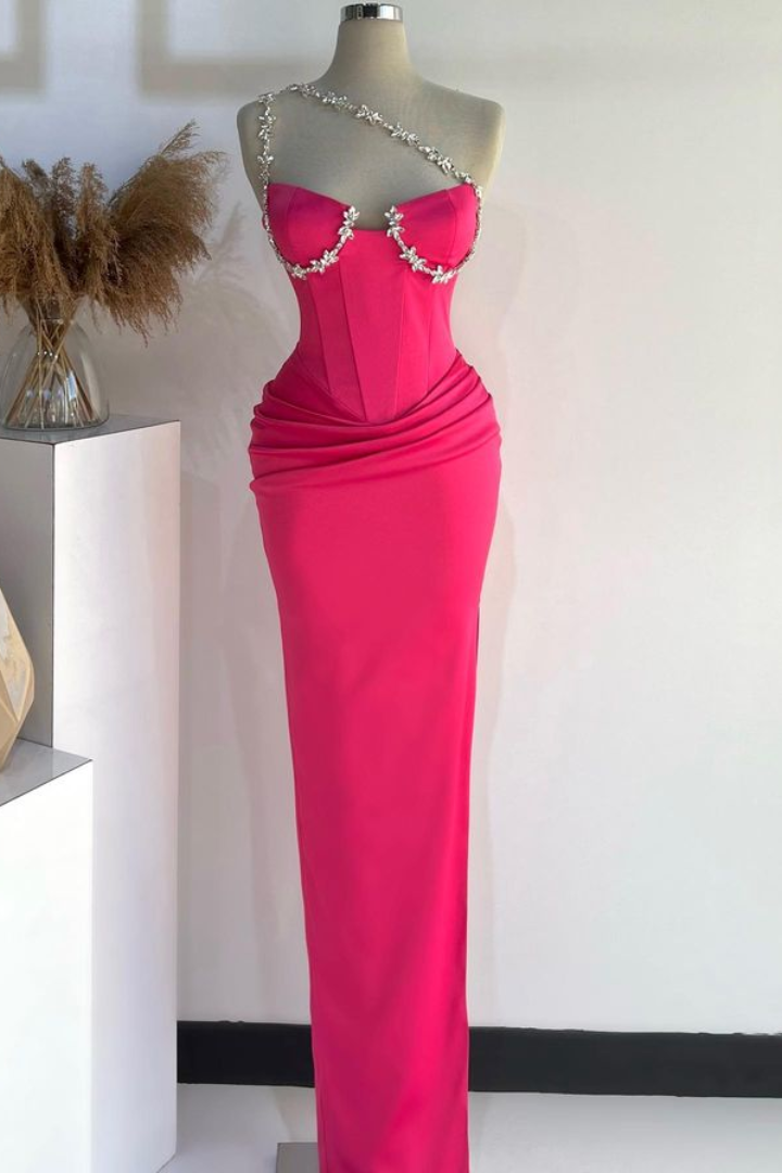 Simple Satin Fitted One Shoulder Beaded Empire Long Prom Dress