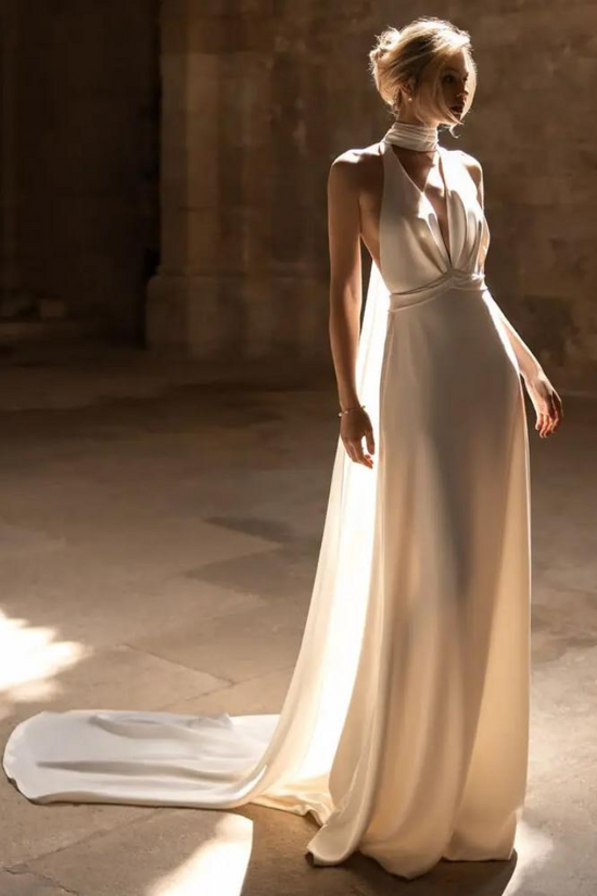 Simple Satin Fitted V-Neck Open Back With Train Wedding Dress