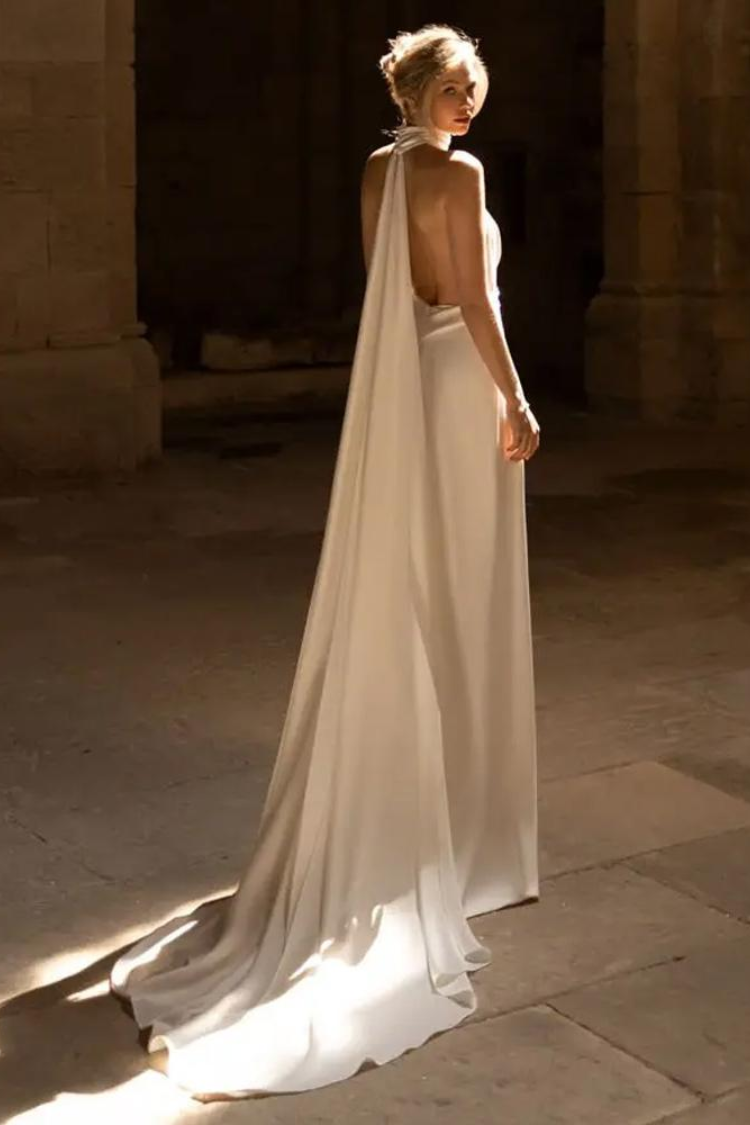 Simple Satin Fitted V-Neck Open Back With Train Wedding Dress