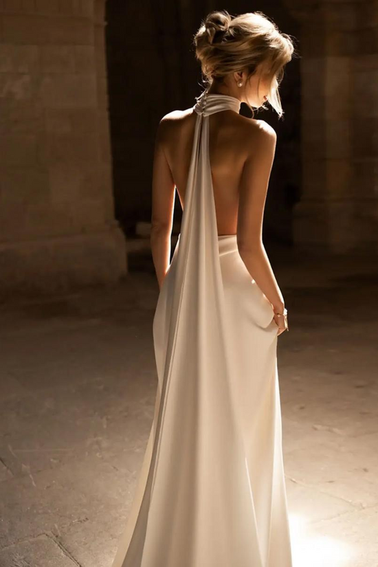 Simple Satin Fitted V-Neck Open Back With Train Wedding Dress