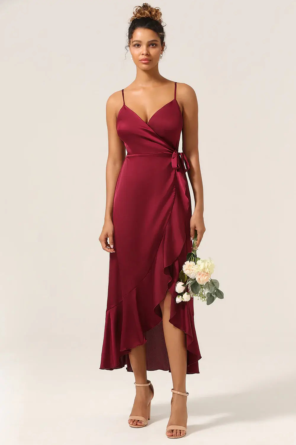 Simple Satin Fitted V-Neck Sleeveless Ruffled Bridesmaid Dress