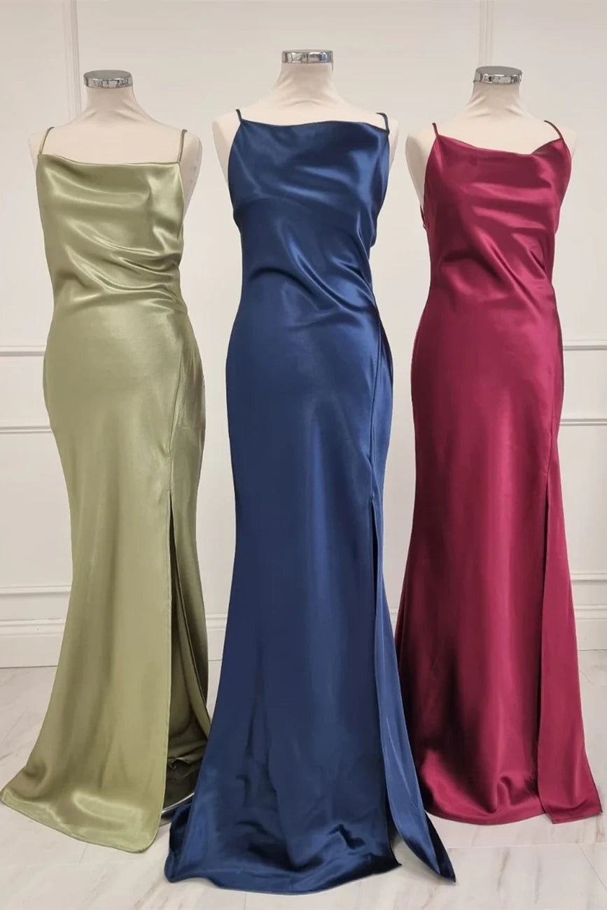 Simple Satin Spaghetti Straps Long Mermaid Bridesmaid Dress