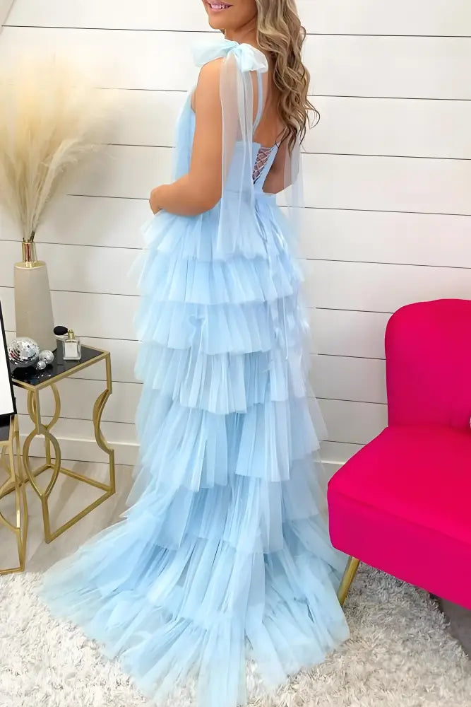 Sky Blue Tulle A-Line Tiered Prom Evening Dress