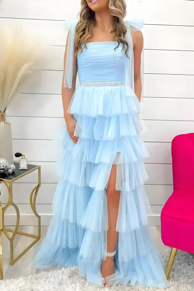 Sky Blue Tulle A-Line Tiered Prom Evening Dress