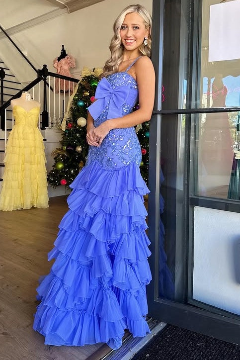 Spaghetti Straps Appliques Tiered Party Prom Dress