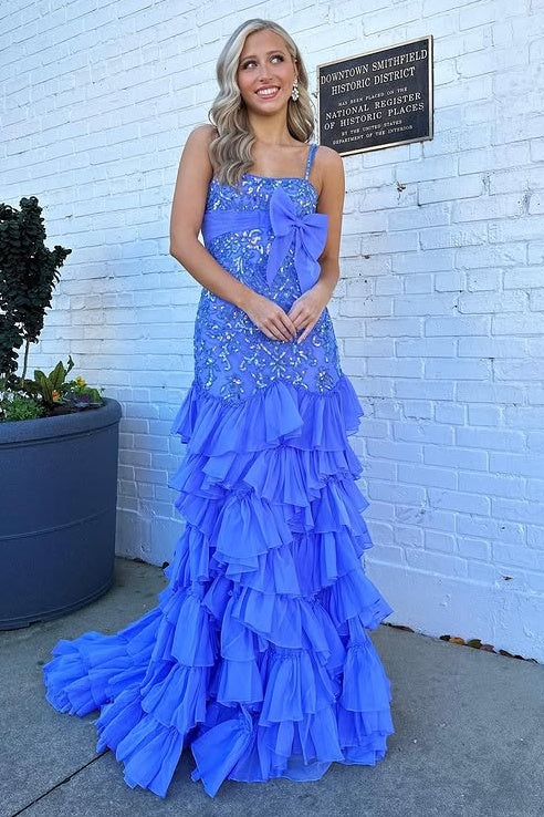 Spaghetti Straps Appliques Tiered Party Prom Dress