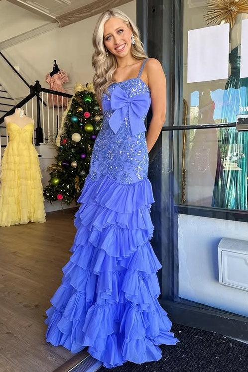 Spaghetti Straps Appliques Tiered Party Prom Dress